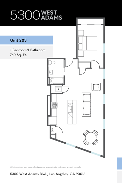 Floor plan for 1 bed, 1 bath, 760 sqft